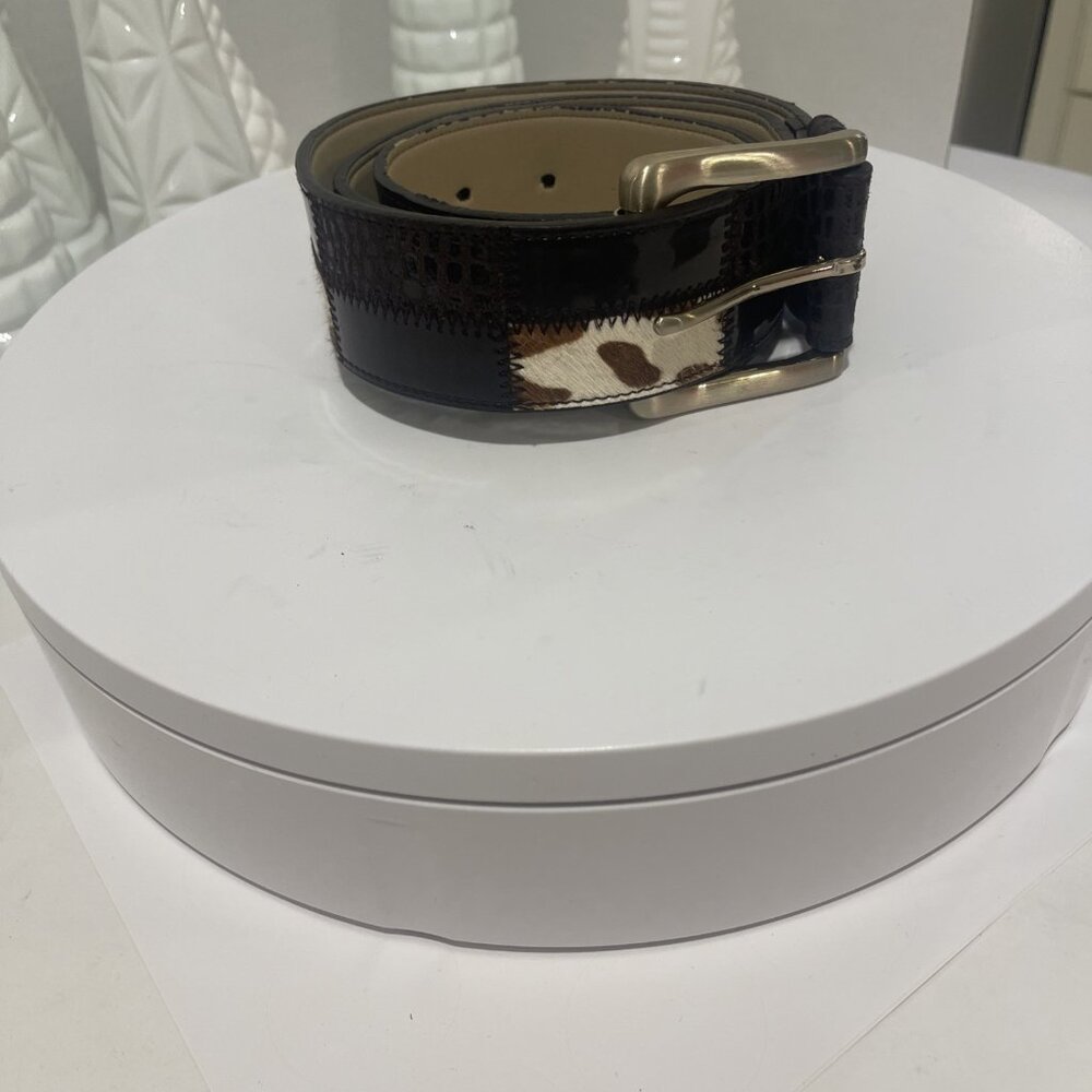 NINE WEST LEATHER PATCHWORK BROWN BELT WOMEN COWHIDE GOLD BUCKLE‎ SMALL PELLING